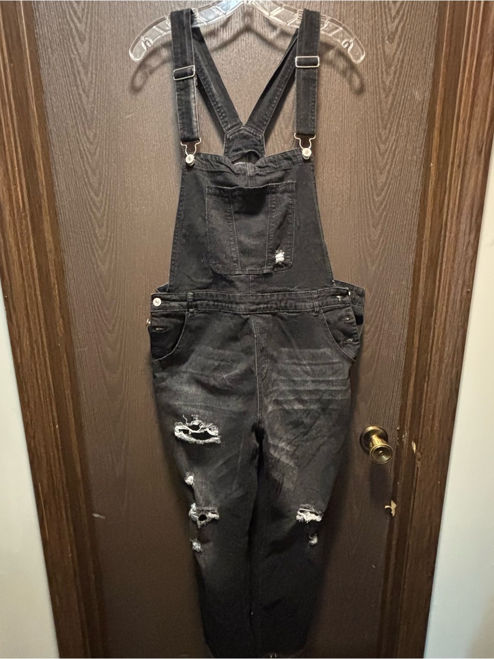 Black Distressed Denim Overalls